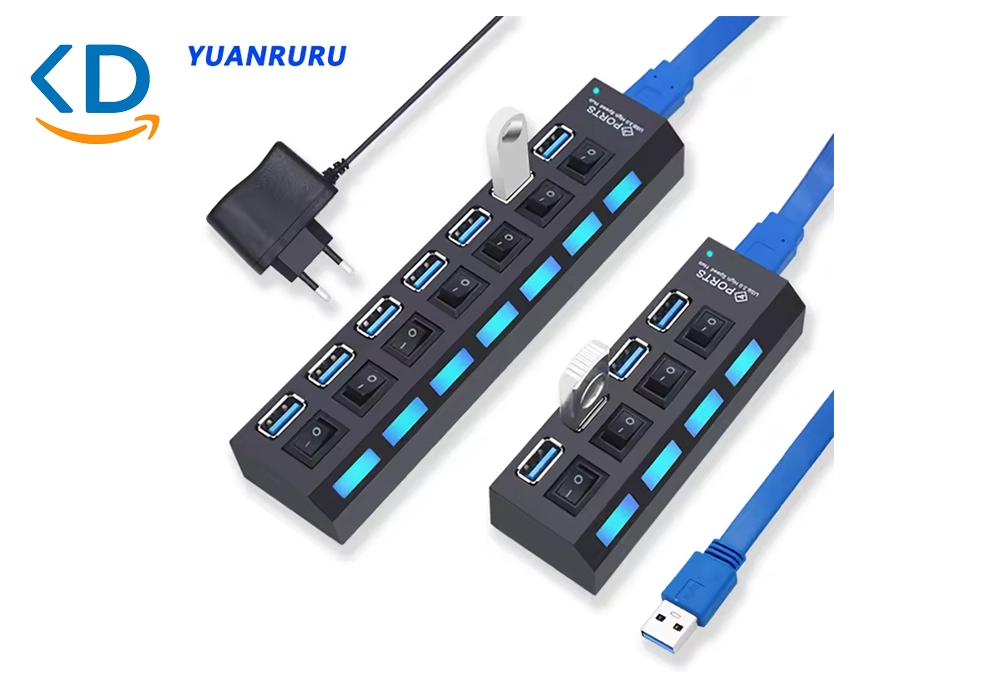 هاب USB چند پورت 3.0 و 2.0 با کلید روشن/خاموش و آداپتور برق