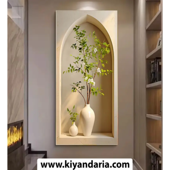 تابلو بوم مدرن طرح گلدان سفید با گل و برگ سبز – بدون قاب با طراحی مینیمال سایز 140* 70