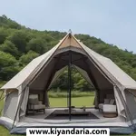 چادر اتوماتیک شش‌ ضلعی 5-8 نفره طرح قارچ، ضد آب رنگ بژ. نمای جلو