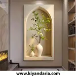 تابلو بوم مدرن طرح گلدان سفید با گل و برگ سبز – بدون قاب با طراحی مینیمال سایز 140* 70