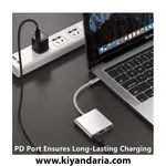نما از کنار کابل تبدیل 3 در 1 از نوع Type-C به HDMI، USB و USB-C، یک داک (ایستگاه اتصال) USB-C